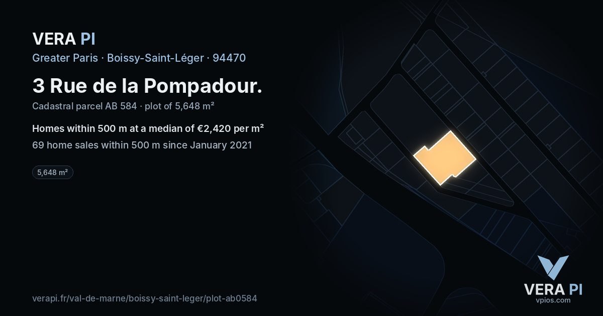 3 Rue de la Pompadour, Boissy-Saint-Léger at night – the plot lit, the parcels around coloured by the prices near them