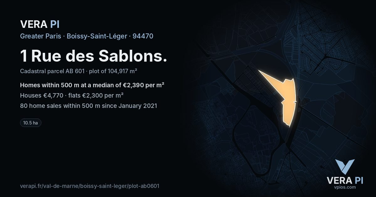 1 Rue des Sablons, Boissy-Saint-Léger at night – the plot lit, the parcels around coloured by the prices near them
