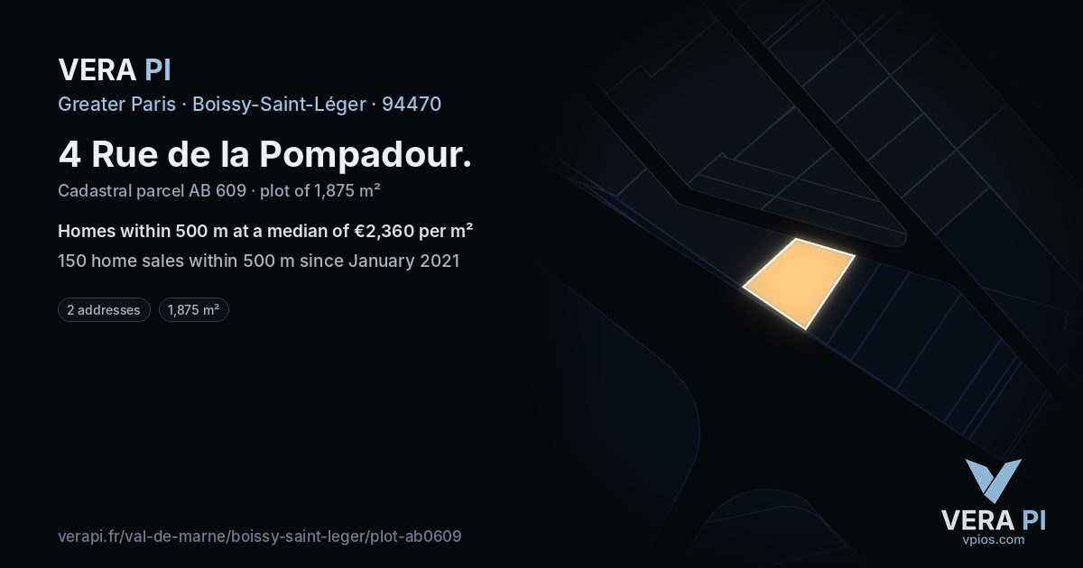 4 Rue de la Pompadour, Boissy-Saint-Léger at night – the plot lit, the parcels around coloured by the prices near them