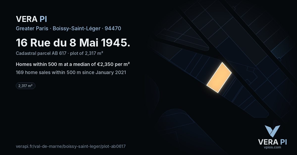 16 Rue du 8 Mai 1945, Boissy-Saint-Léger at night – the plot lit, the parcels around coloured by the prices near them