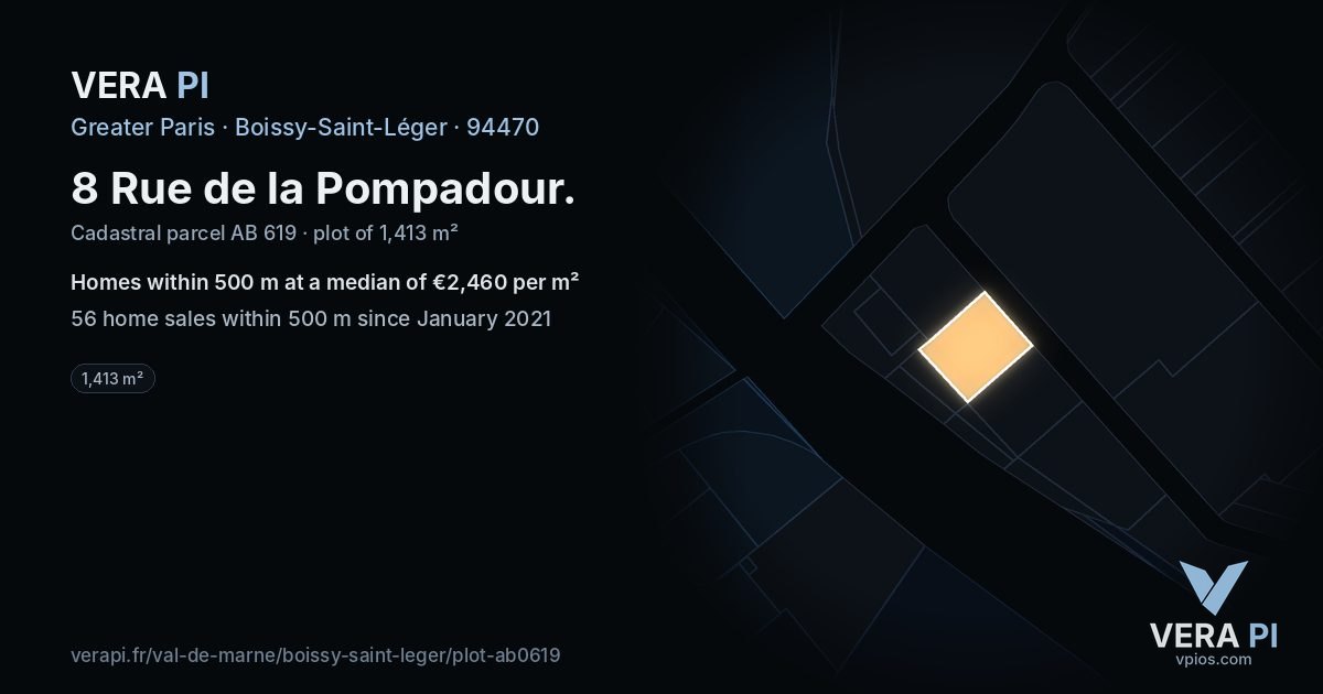 8 Rue de la Pompadour, Boissy-Saint-Léger at night – the plot lit, the parcels around coloured by the prices near them