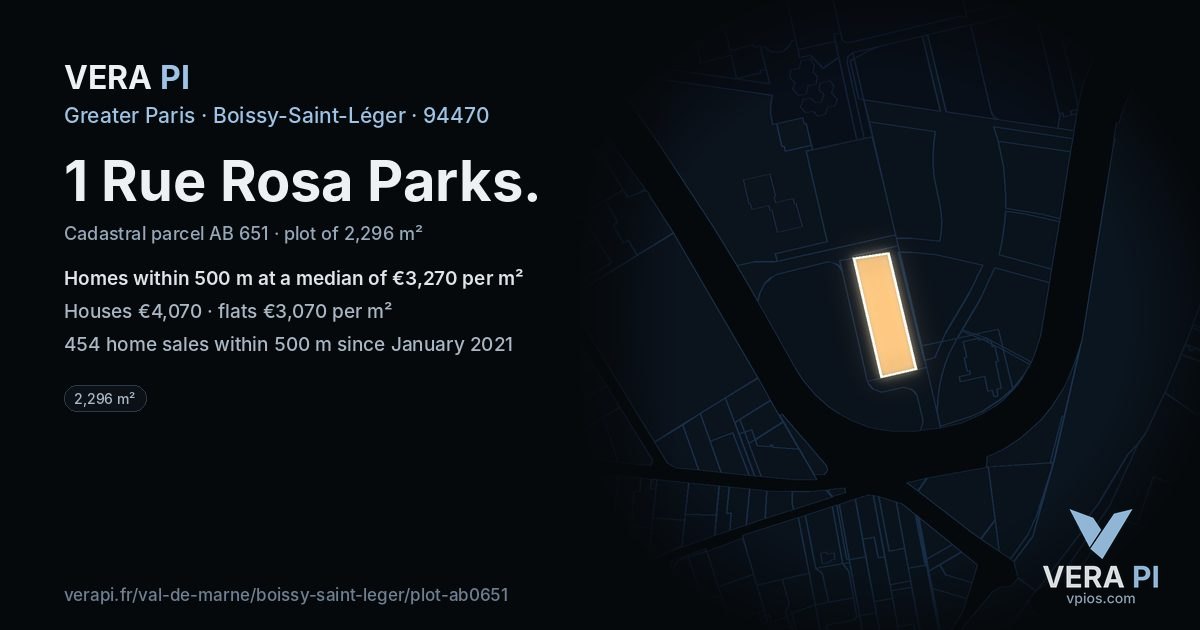 1 Rue Rosa Parks, Boissy-Saint-Léger at night – the plot lit, the parcels around coloured by the prices near them