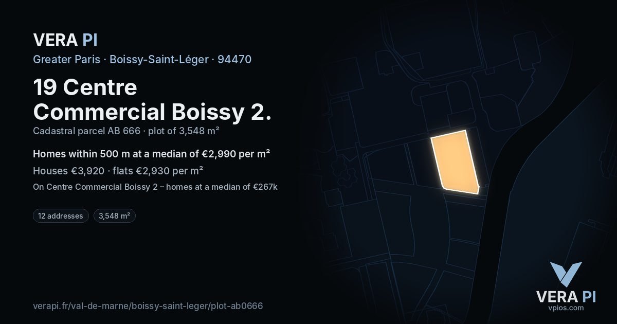 19 Centre Commercial Boissy 2, Boissy-Saint-Léger at night – the plot lit, the parcels around coloured by the prices near them