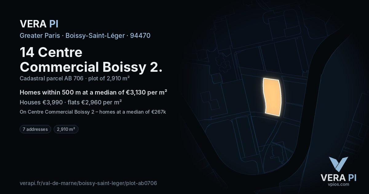 14 Centre Commercial Boissy 2, Boissy-Saint-Léger at night – the plot lit, the parcels around coloured by the prices near them