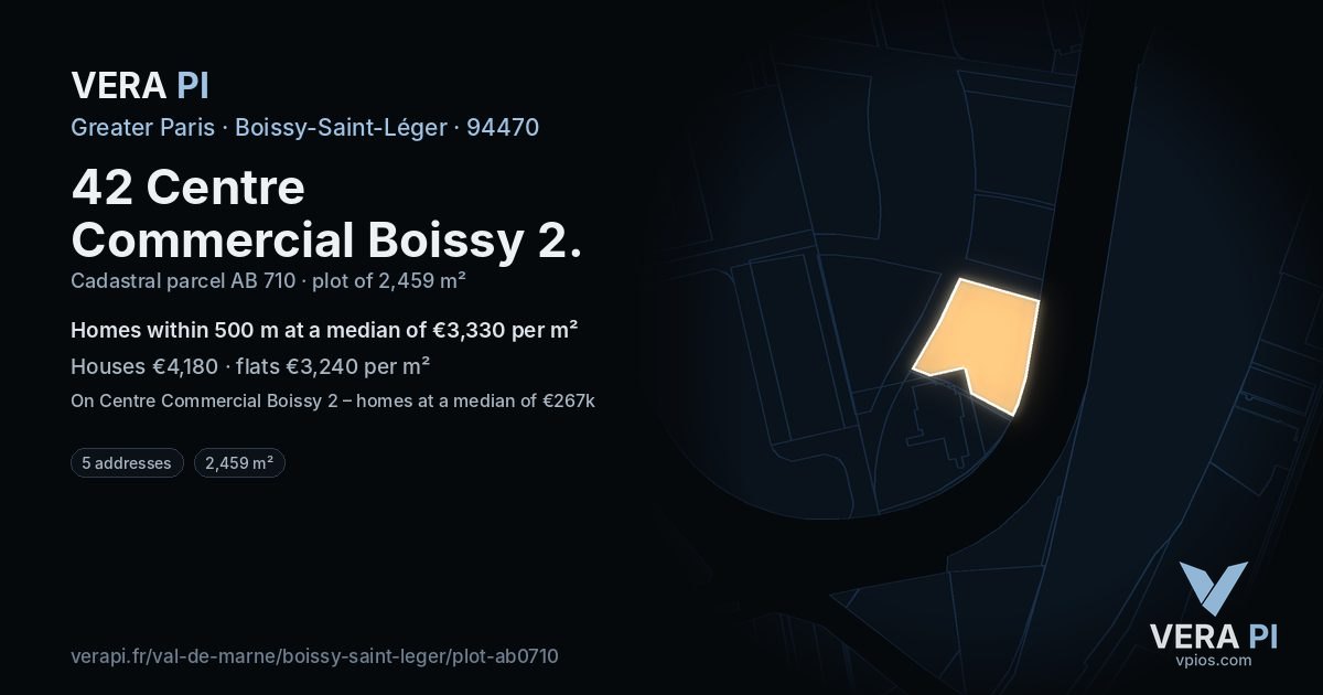 42 Centre Commercial Boissy 2, Boissy-Saint-Léger at night – the plot lit, the parcels around coloured by the prices near them