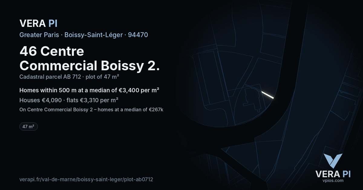 46 Centre Commercial Boissy 2, Boissy-Saint-Léger at night – the plot lit, the parcels around coloured by the prices near them