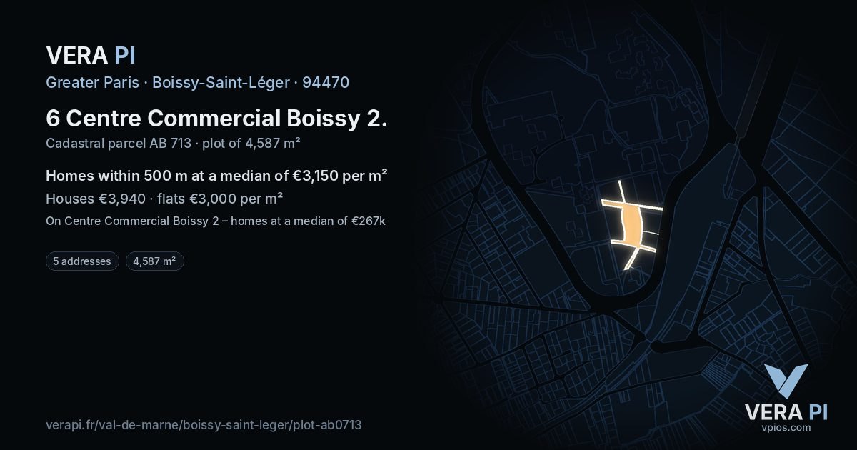 6 Centre Commercial Boissy 2, Boissy-Saint-Léger at night – the plot lit, the parcels around coloured by the prices near them