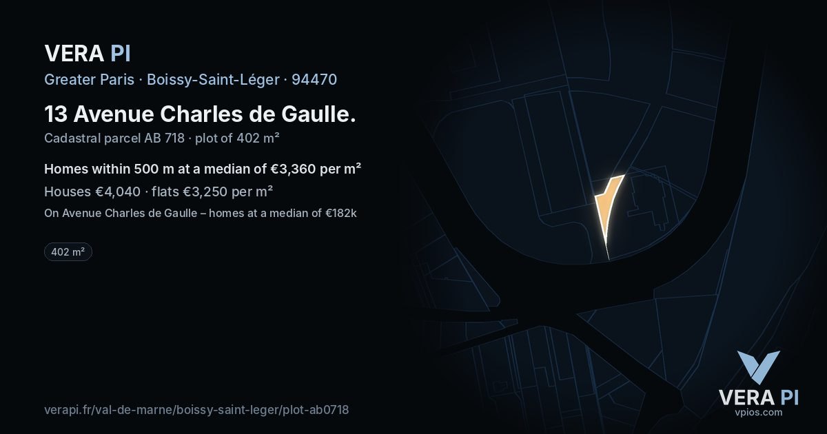 13 Avenue Charles de Gaulle, Boissy-Saint-Léger at night – the plot lit, the parcels around coloured by the prices near them