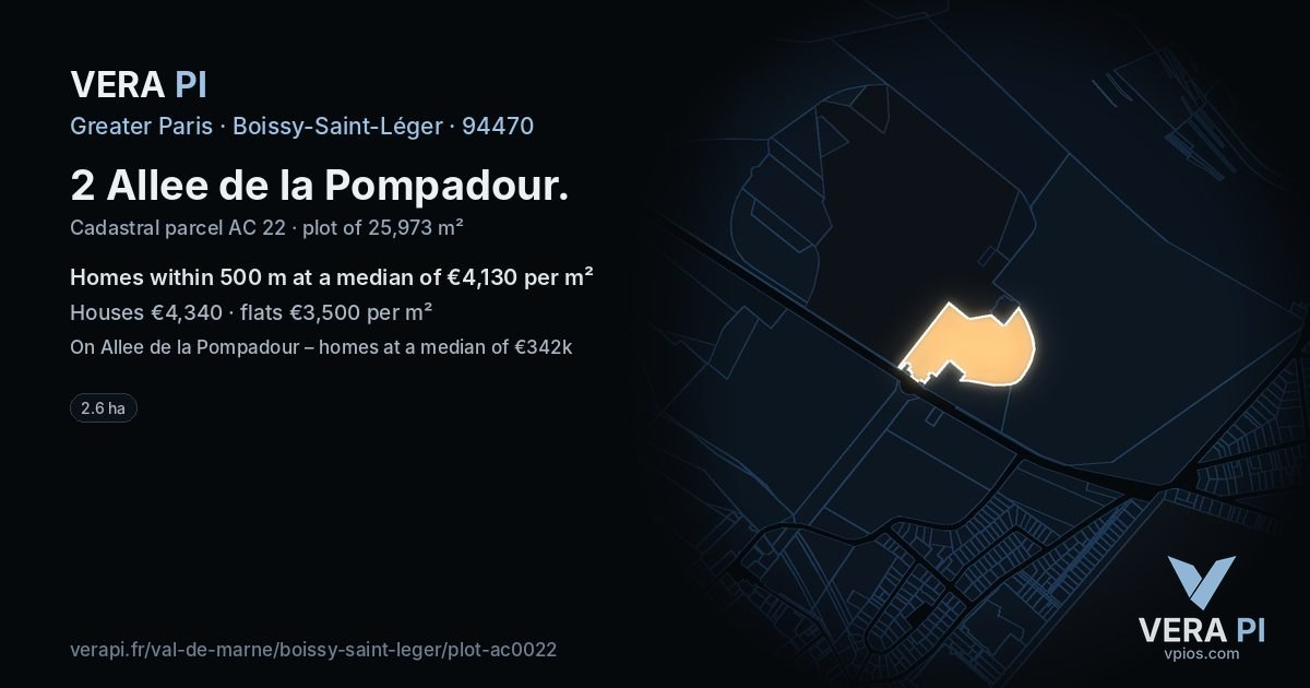 2 Allee de la Pompadour, Boissy-Saint-Léger at night – the plot lit, the parcels around coloured by the prices near them