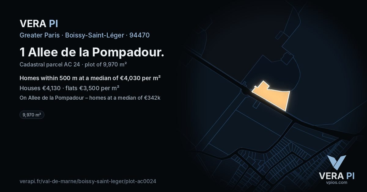 1 Allee de la Pompadour, Boissy-Saint-Léger at night – the plot lit, the parcels around coloured by the prices near them