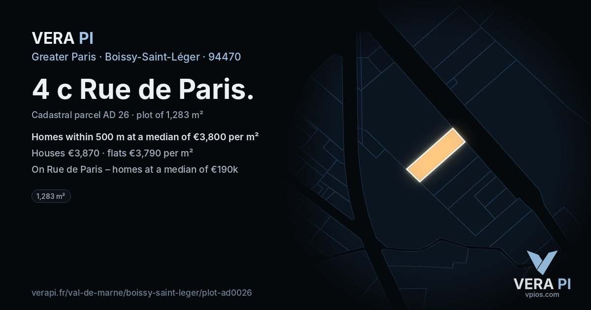 4 c Rue de Paris, Boissy-Saint-Léger at night – the plot lit, the parcels around coloured by the prices near them