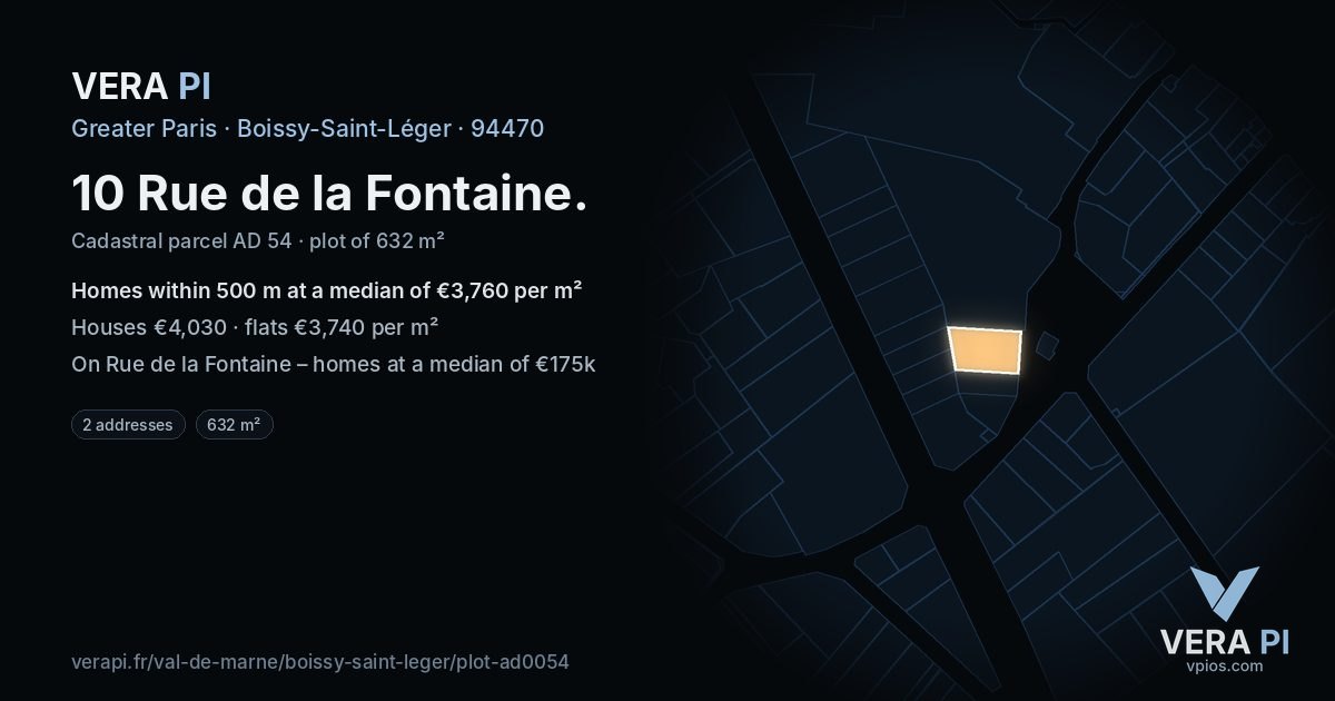 10 Rue de la Fontaine, Boissy-Saint-Léger at night – the plot lit, the parcels around coloured by the prices near them