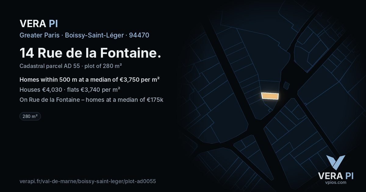 14 Rue de la Fontaine, Boissy-Saint-Léger at night – the plot lit, the parcels around coloured by the prices near them