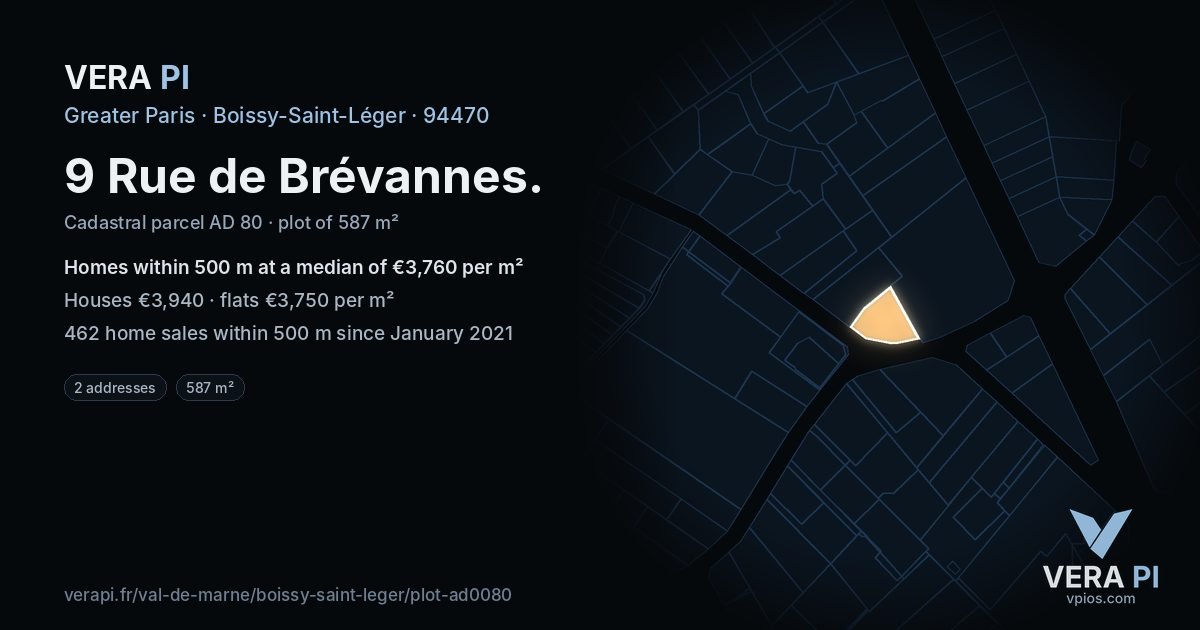 9 Rue de Brévannes, Boissy-Saint-Léger at night – the plot lit, the parcels around coloured by the prices near them