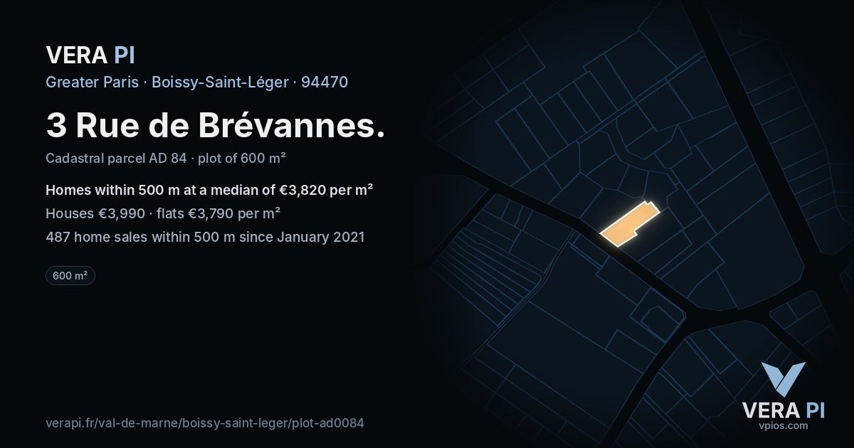 3 Rue de Brévannes, Boissy-Saint-Léger at night – the plot lit, the parcels around coloured by the prices near them