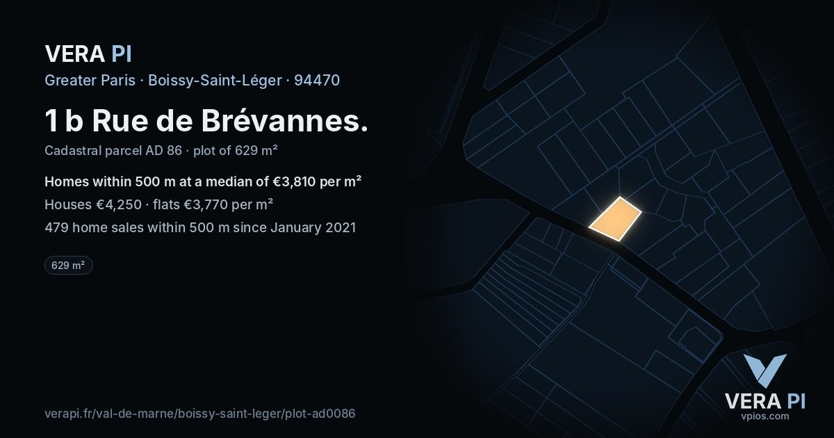 1 b Rue de Brévannes, Boissy-Saint-Léger at night – the plot lit, the parcels around coloured by the prices near them