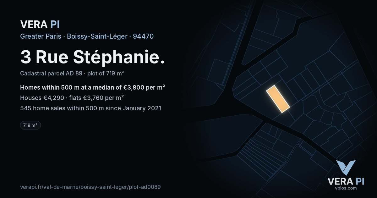 3 Rue Stéphanie, Boissy-Saint-Léger at night – the plot lit, the parcels around coloured by the prices near them