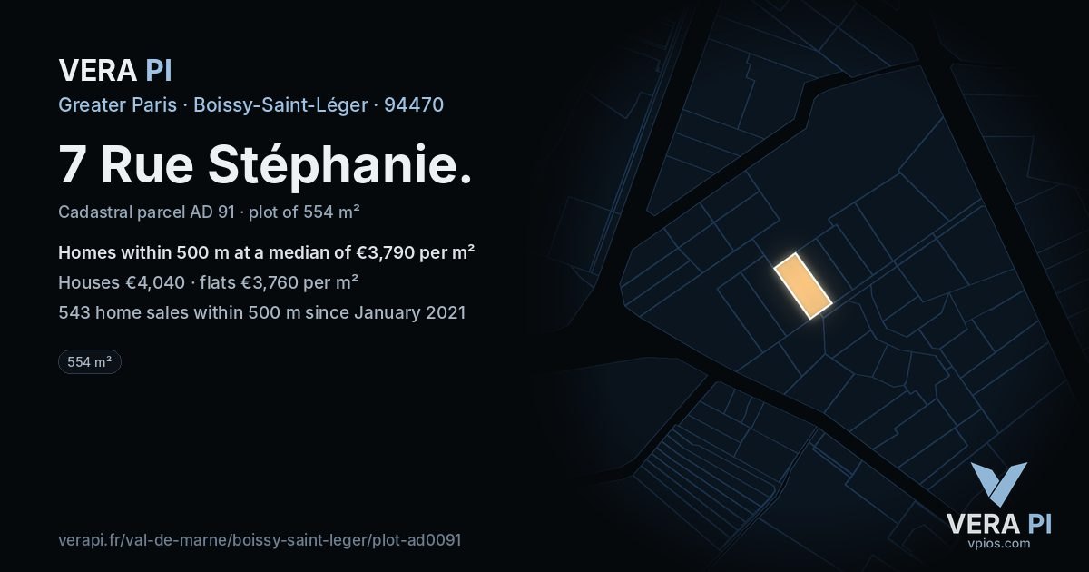 7 Rue Stéphanie, Boissy-Saint-Léger at night – the plot lit, the parcels around coloured by the prices near them