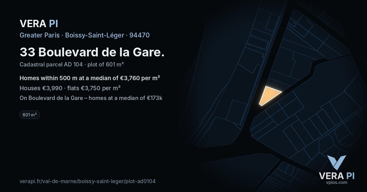 33 Boulevard de la Gare, Boissy-Saint-Léger at night – the plot lit, the parcels around coloured by the prices near them
