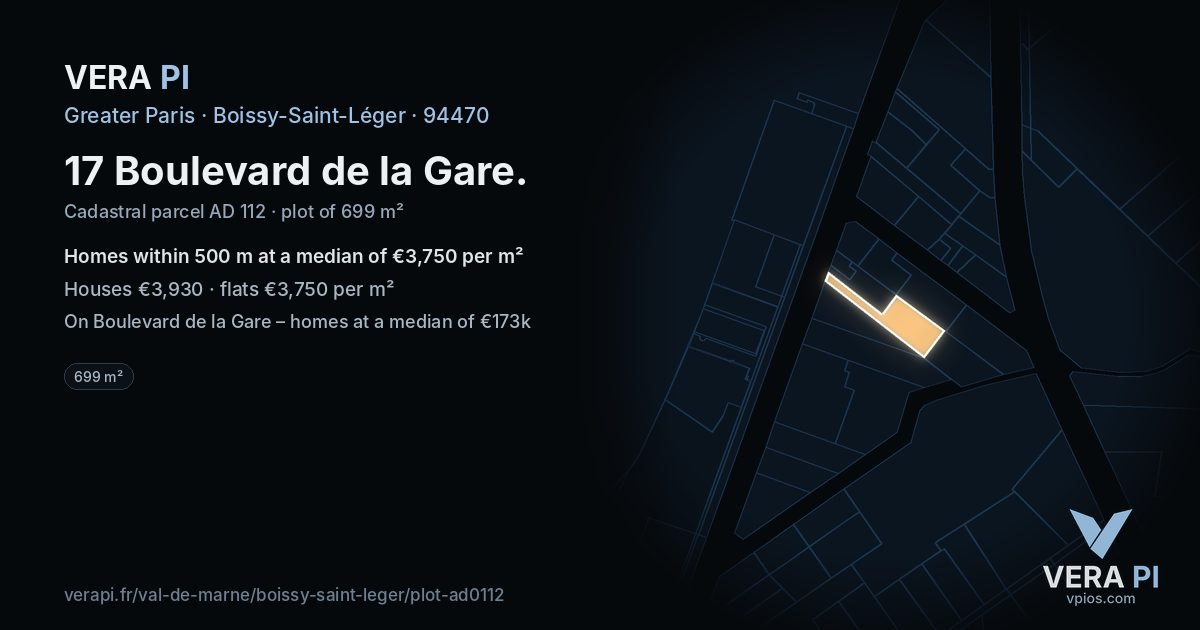 17 Boulevard de la Gare, Boissy-Saint-Léger at night – the plot lit, the parcels around coloured by the prices near them