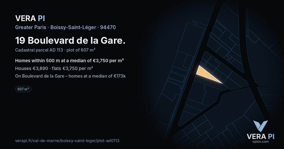 19 Boulevard de la Gare, Boissy-Saint-Léger at night – the plot lit, the parcels around coloured by the prices near them
