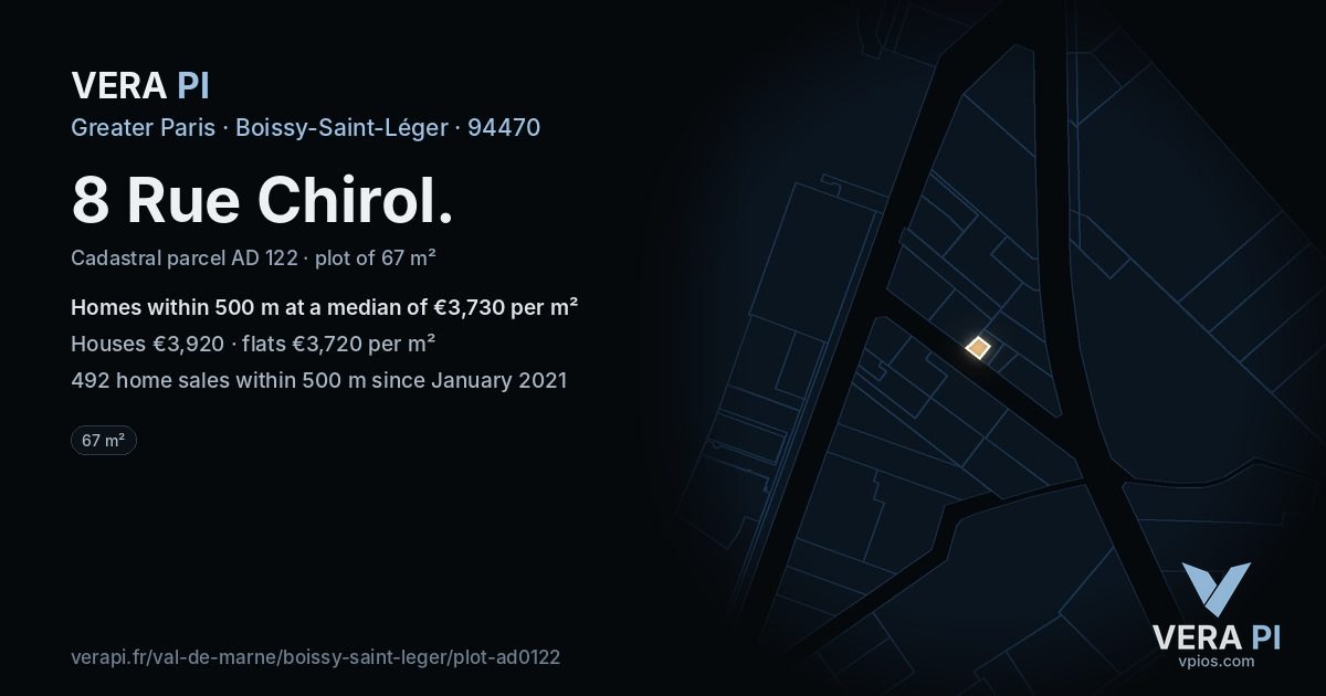 8 Rue Chirol, Boissy-Saint-Léger at night – the plot lit, the parcels around coloured by the prices near them