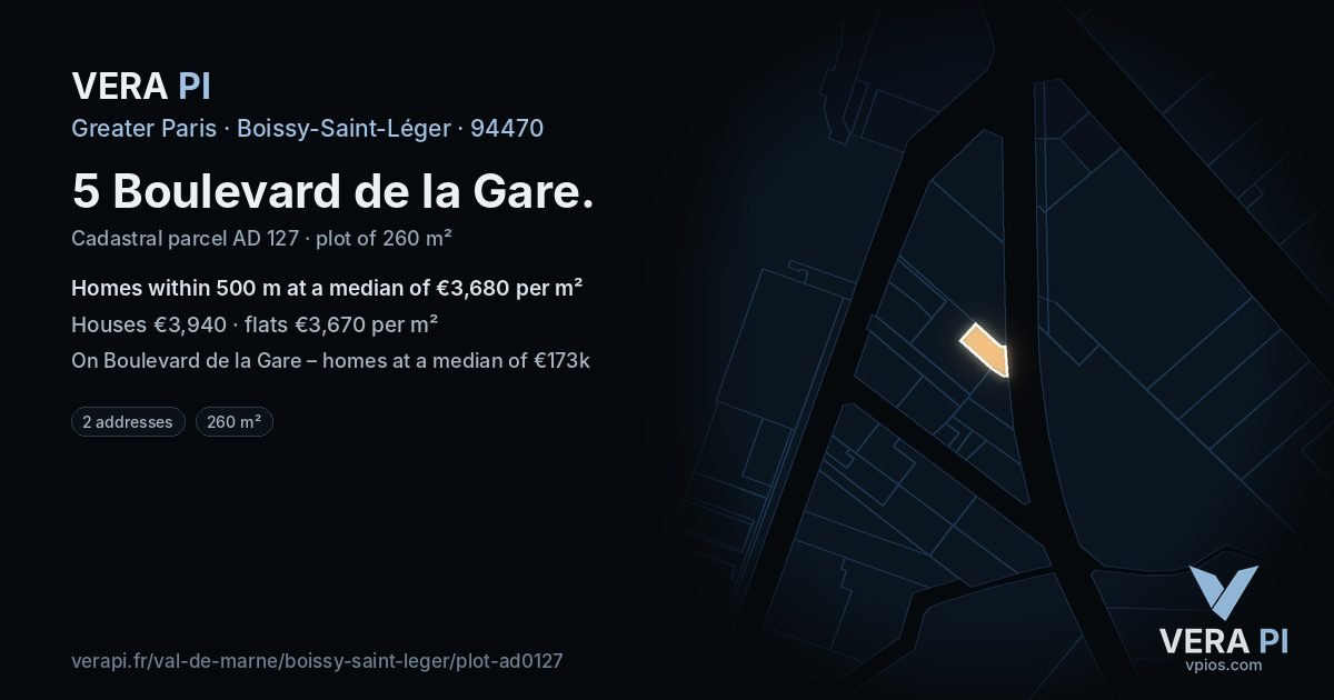 5 Boulevard de la Gare, Boissy-Saint-Léger at night – the plot lit, the parcels around coloured by the prices near them