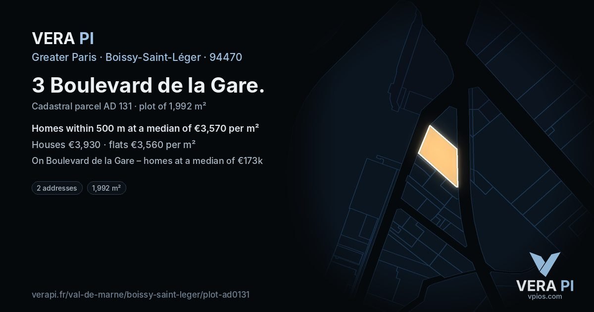 3 Boulevard de la Gare, Boissy-Saint-Léger at night – the plot lit, the parcels around coloured by the prices near them