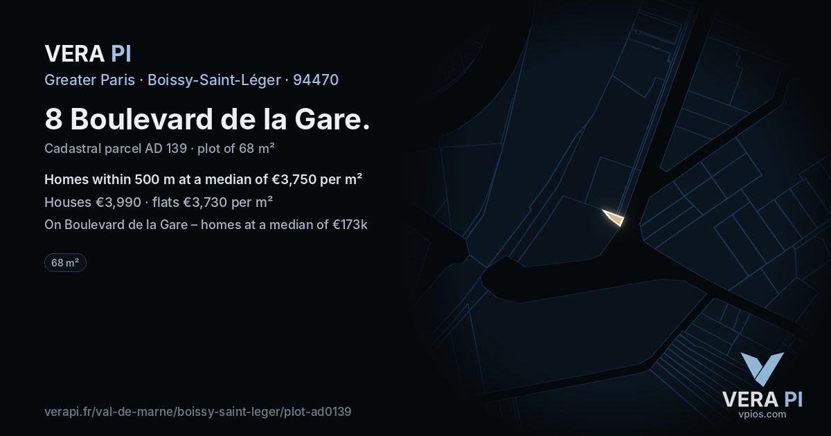 8 Boulevard de la Gare, Boissy-Saint-Léger at night – the plot lit, the parcels around coloured by the prices near them