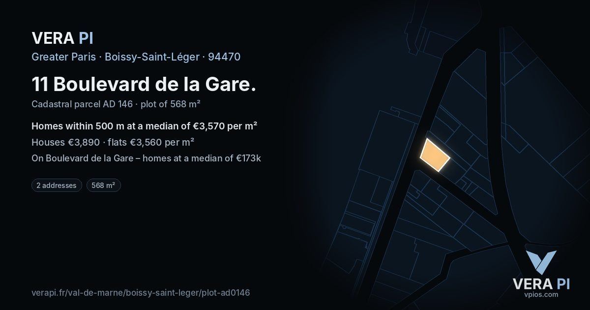 11 Boulevard de la Gare, Boissy-Saint-Léger at night – the plot lit, the parcels around coloured by the prices near them