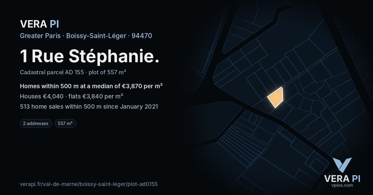 1 Rue Stéphanie, Boissy-Saint-Léger at night – the plot lit, the parcels around coloured by the prices near them