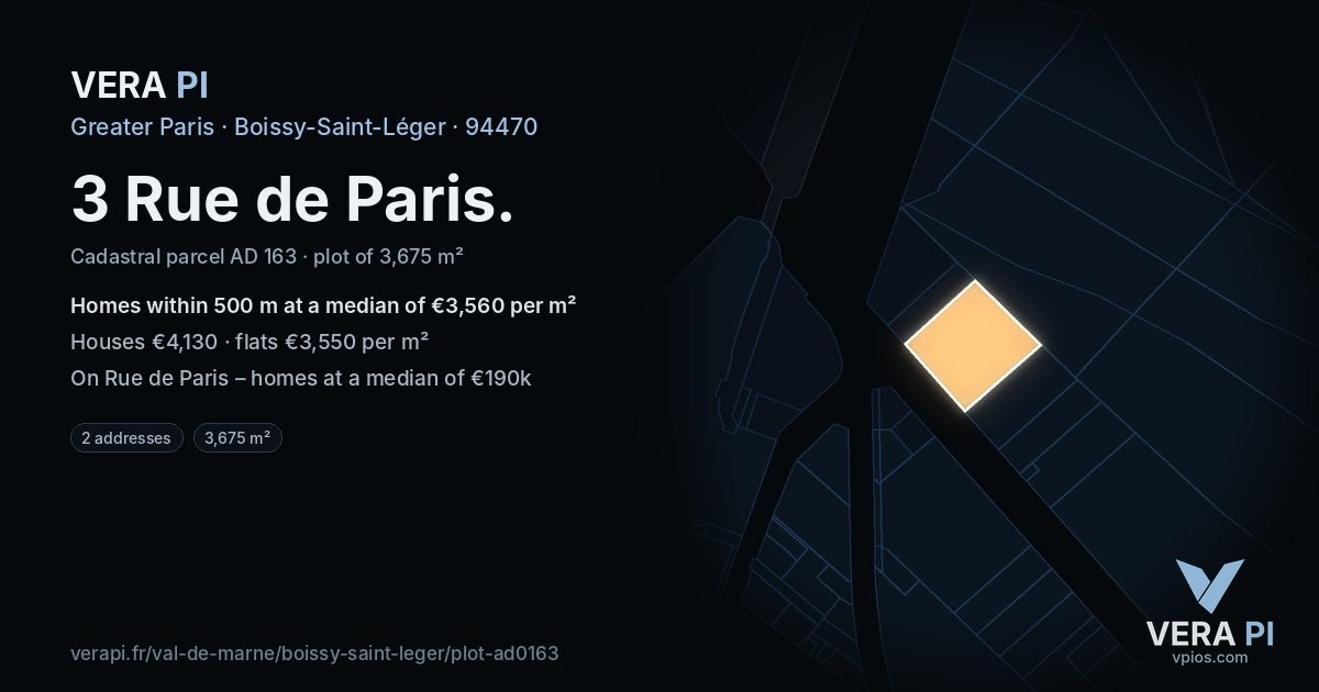 3 Rue de Paris, Boissy-Saint-Léger at night – the plot lit, the parcels around coloured by the prices near them