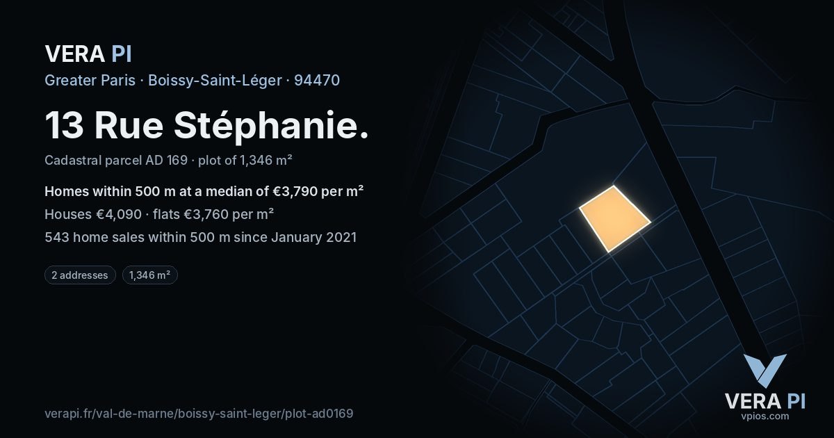 13 Rue Stéphanie, Boissy-Saint-Léger at night – the plot lit, the parcels around coloured by the prices near them
