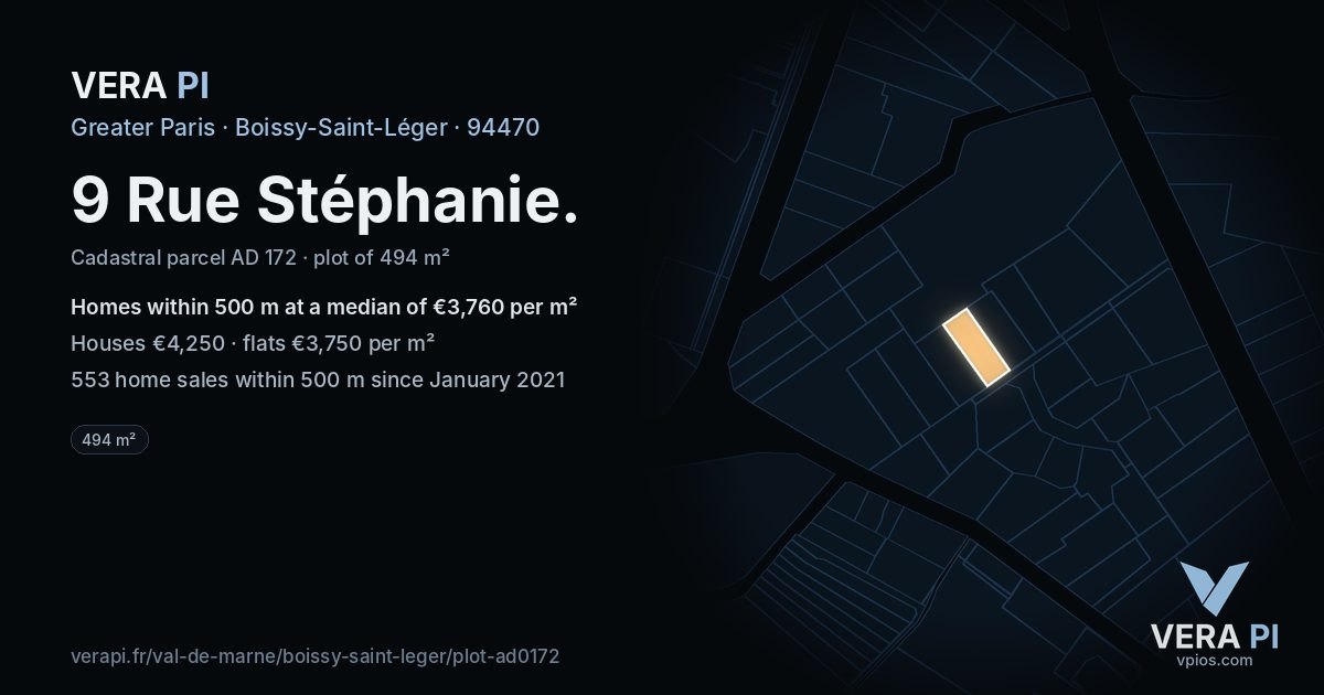 9 Rue Stéphanie, Boissy-Saint-Léger at night – the plot lit, the parcels around coloured by the prices near them