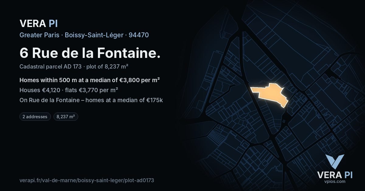 6 Rue de la Fontaine, Boissy-Saint-Léger at night – the plot lit, the parcels around coloured by the prices near them