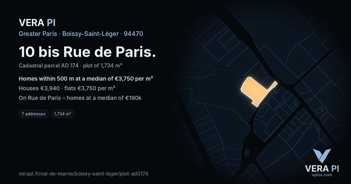 10 bis Rue de Paris, Boissy-Saint-Léger at night – the plot lit, the parcels around coloured by the prices near them
