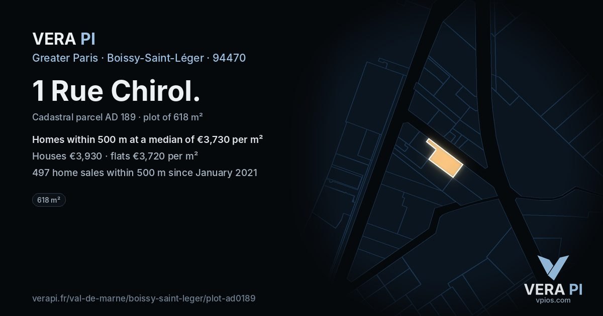 1 Rue Chirol, Boissy-Saint-Léger at night – the plot lit, the parcels around coloured by the prices near them