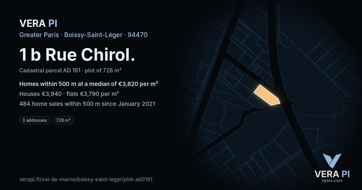 1 b Rue Chirol, Boissy-Saint-Léger at night – the plot lit, the parcels around coloured by the prices near them