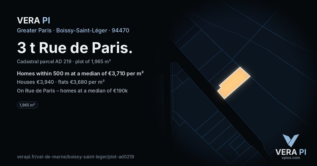 3 t Rue de Paris, Boissy-Saint-Léger at night – the plot lit, the parcels around coloured by the prices near them