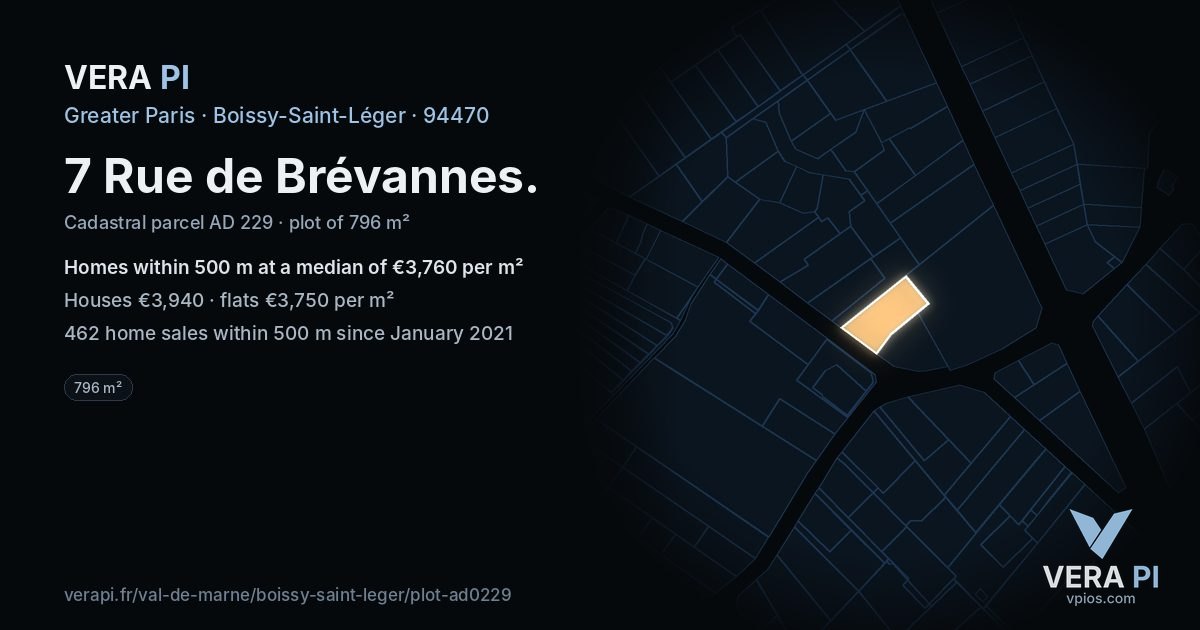 7 Rue de Brévannes, Boissy-Saint-Léger at night – the plot lit, the parcels around coloured by the prices near them