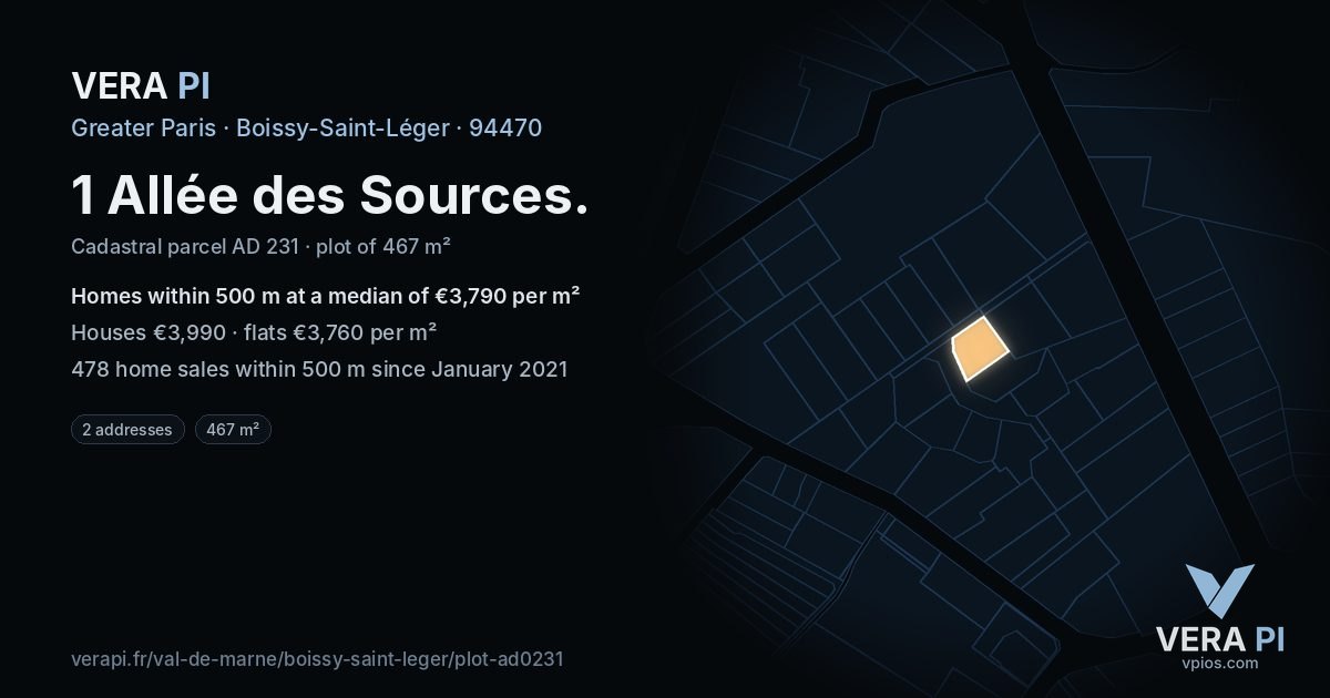 1 Allée des Sources, Boissy-Saint-Léger at night – the plot lit, the parcels around coloured by the prices near them