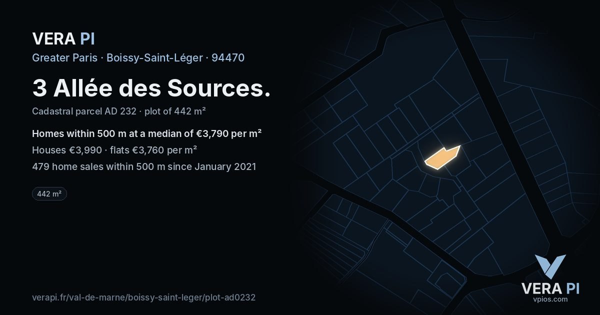 3 Allée des Sources, Boissy-Saint-Léger at night – the plot lit, the parcels around coloured by the prices near them