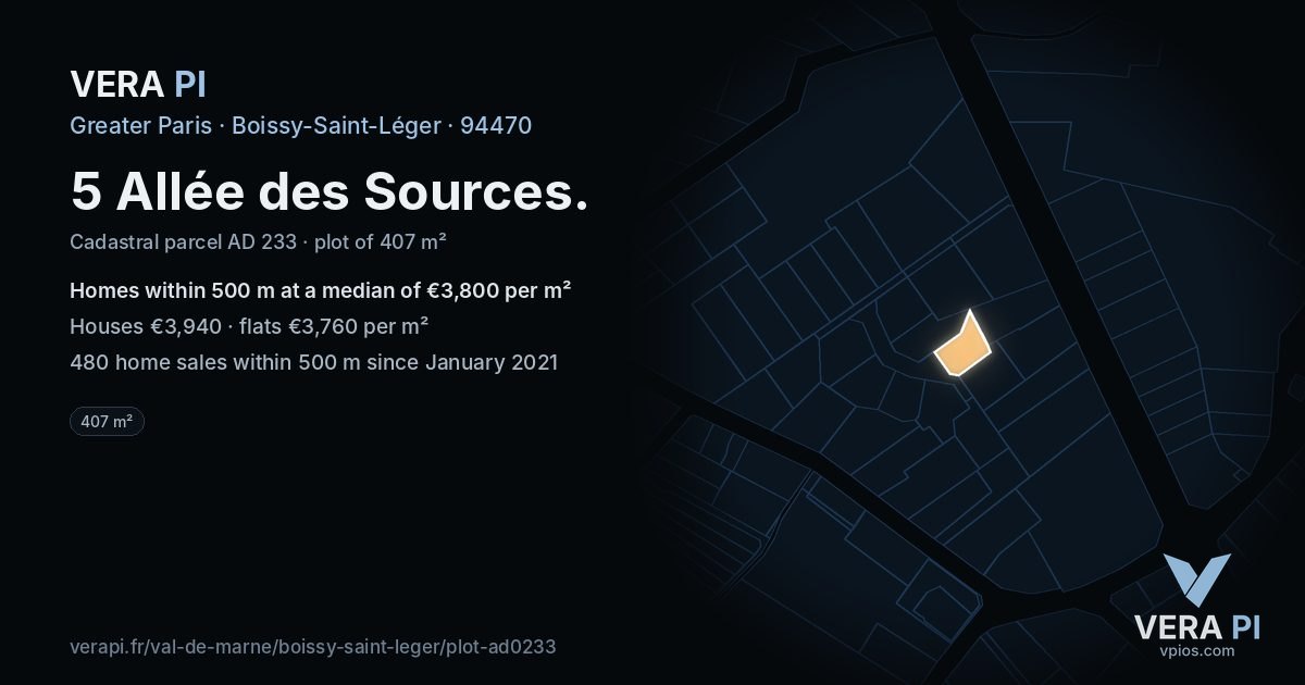 5 Allée des Sources, Boissy-Saint-Léger at night – the plot lit, the parcels around coloured by the prices near them