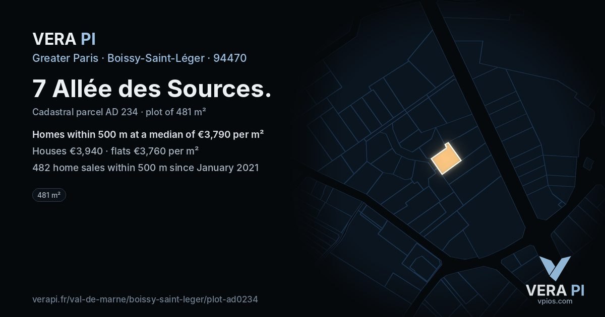 7 Allée des Sources, Boissy-Saint-Léger at night – the plot lit, the parcels around coloured by the prices near them