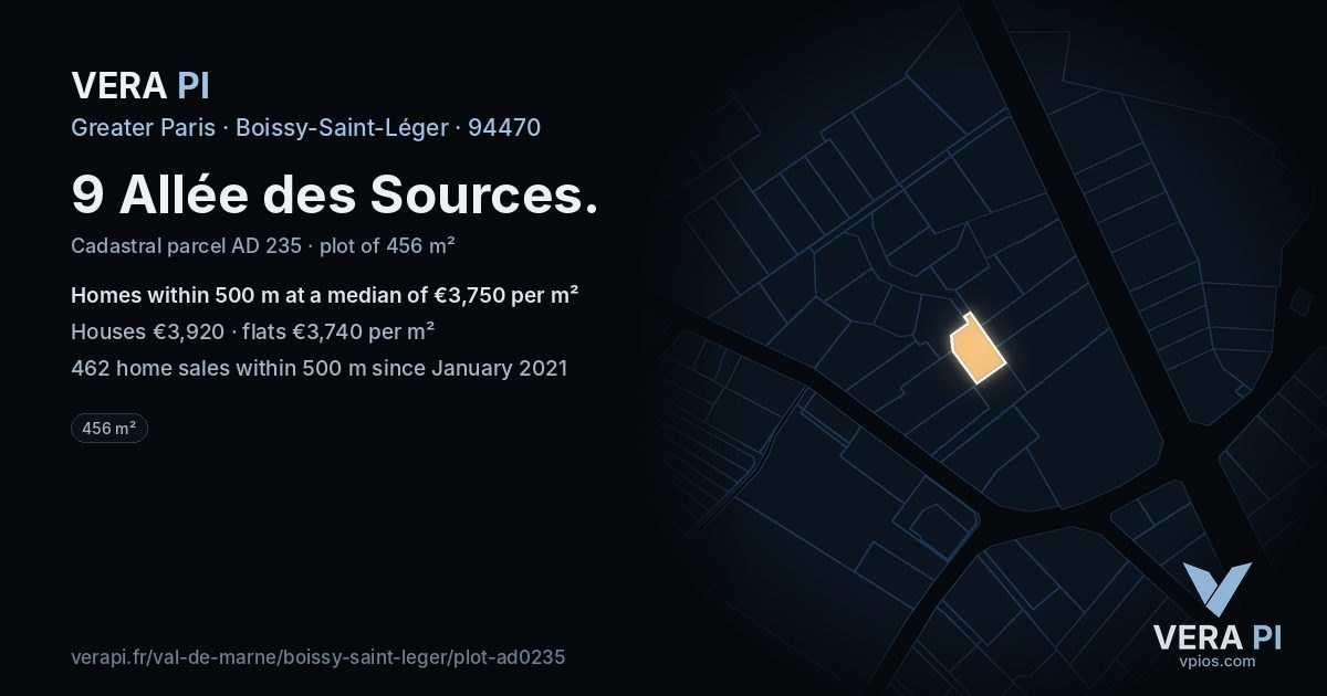 9 Allée des Sources, Boissy-Saint-Léger at night – the plot lit, the parcels around coloured by the prices near them