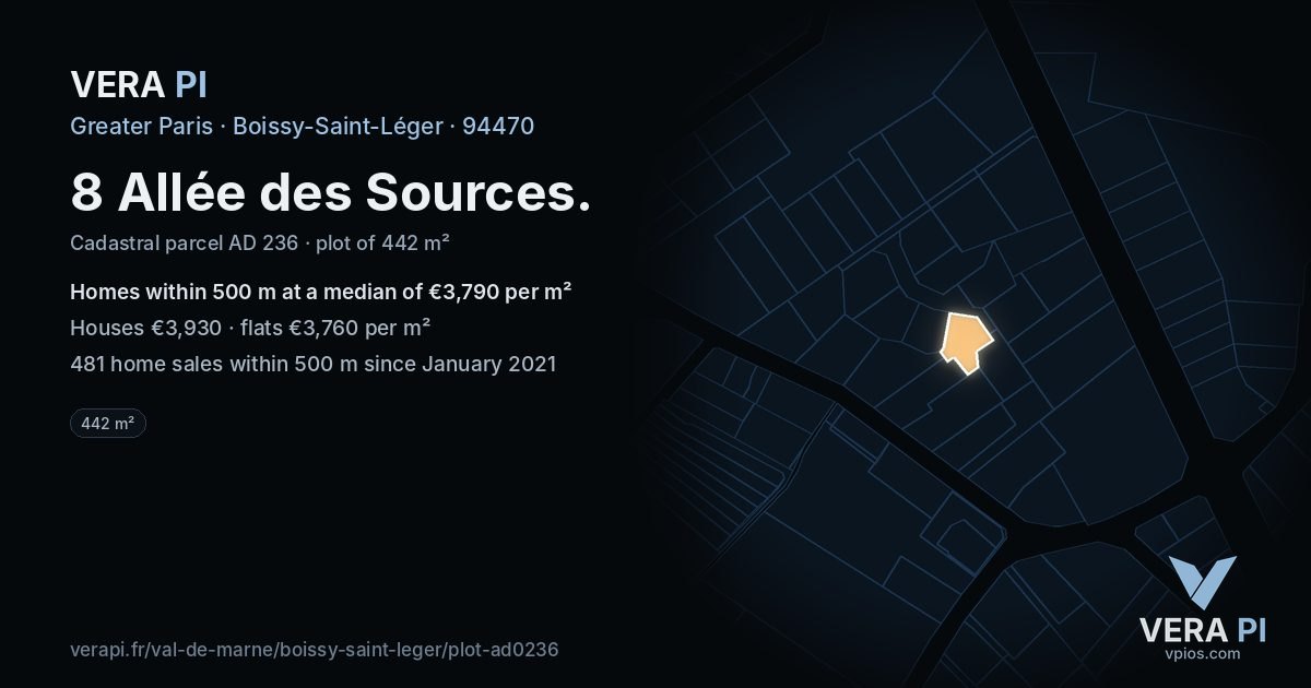 8 Allée des Sources, Boissy-Saint-Léger at night – the plot lit, the parcels around coloured by the prices near them