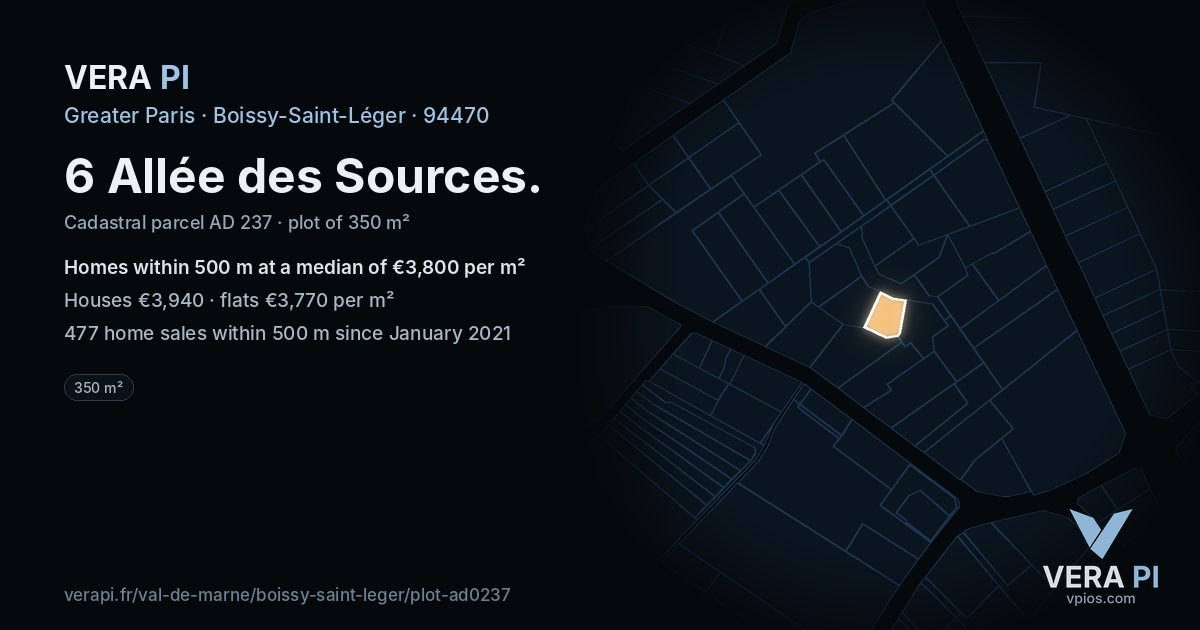6 Allée des Sources, Boissy-Saint-Léger at night – the plot lit, the parcels around coloured by the prices near them