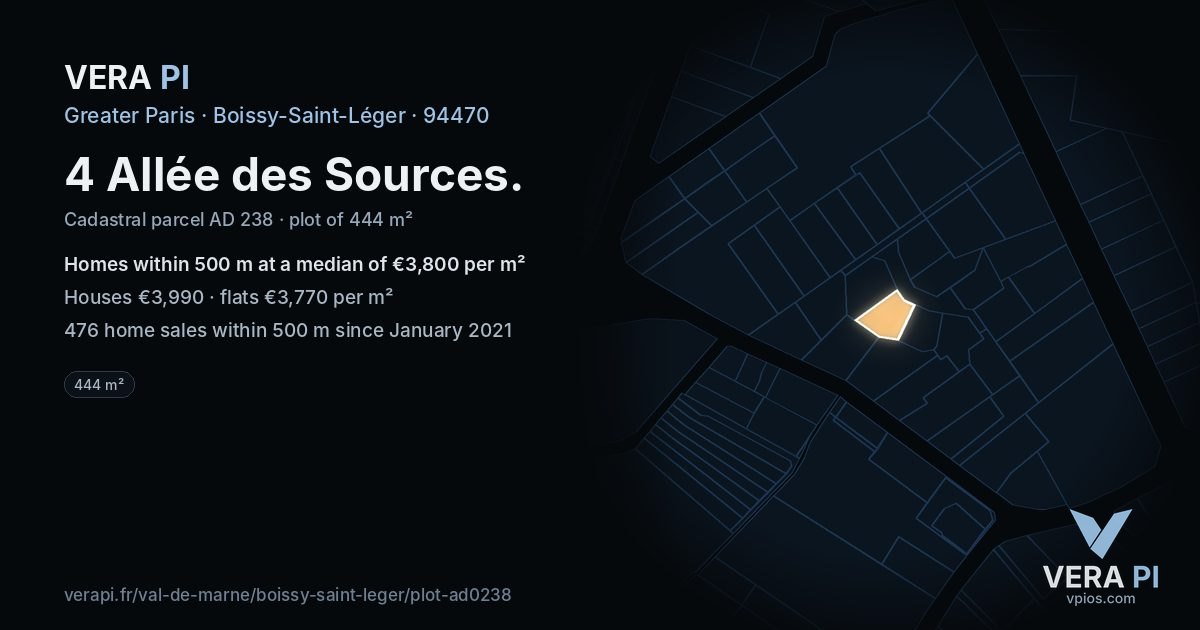 4 Allée des Sources, Boissy-Saint-Léger at night – the plot lit, the parcels around coloured by the prices near them