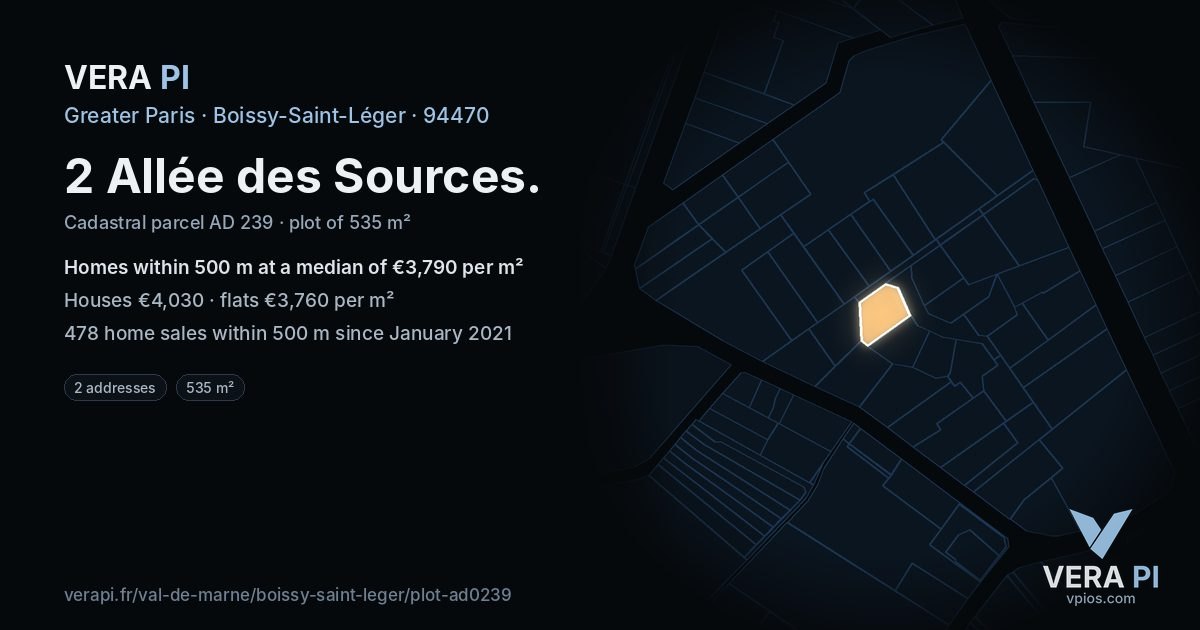 2 Allée des Sources, Boissy-Saint-Léger at night – the plot lit, the parcels around coloured by the prices near them