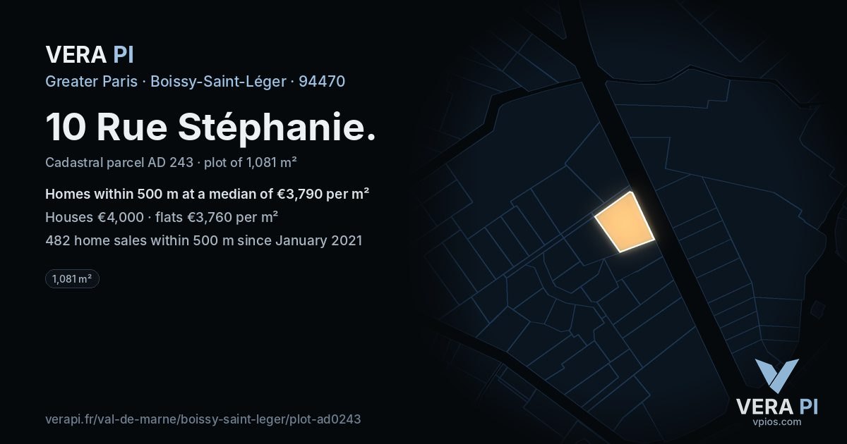 10 Rue Stéphanie, Boissy-Saint-Léger at night – the plot lit, the parcels around coloured by the prices near them
